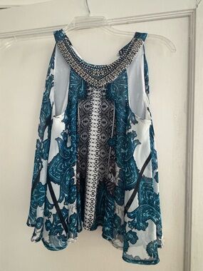 Teal and White Paisley Embellished Cold-Shoulder Tank